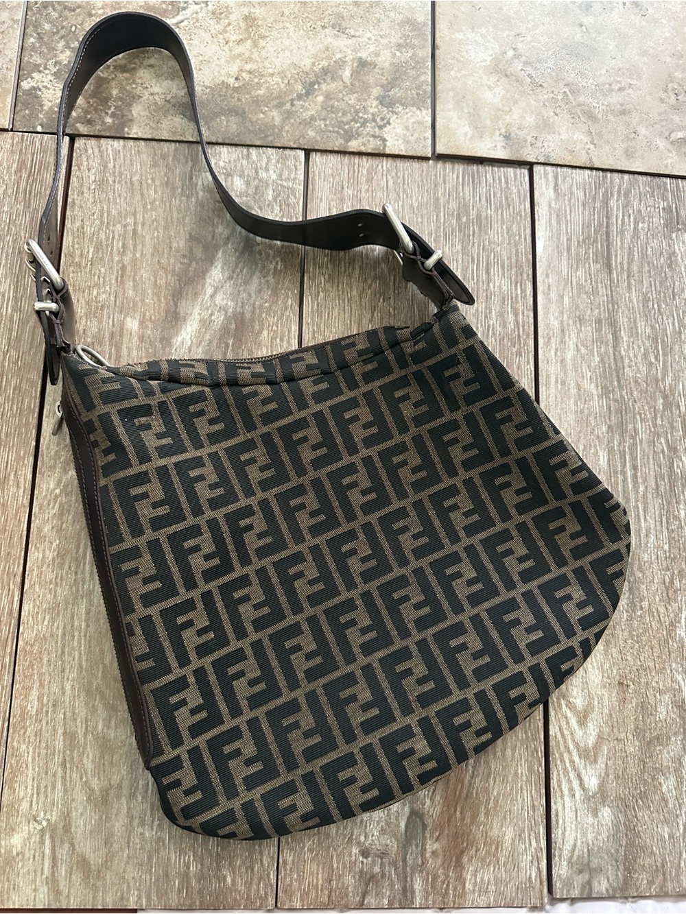 Rare & collectible Fendi Zucca canvas & brown leather Oyster Bag w/Slvr hardware